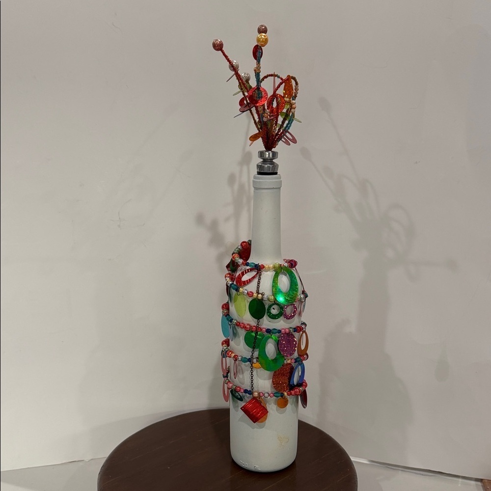 Decorative White Wine Bottle With Fireworks Beaded Stopper & Beads, Sequins Wrap - Picture 3 of 17